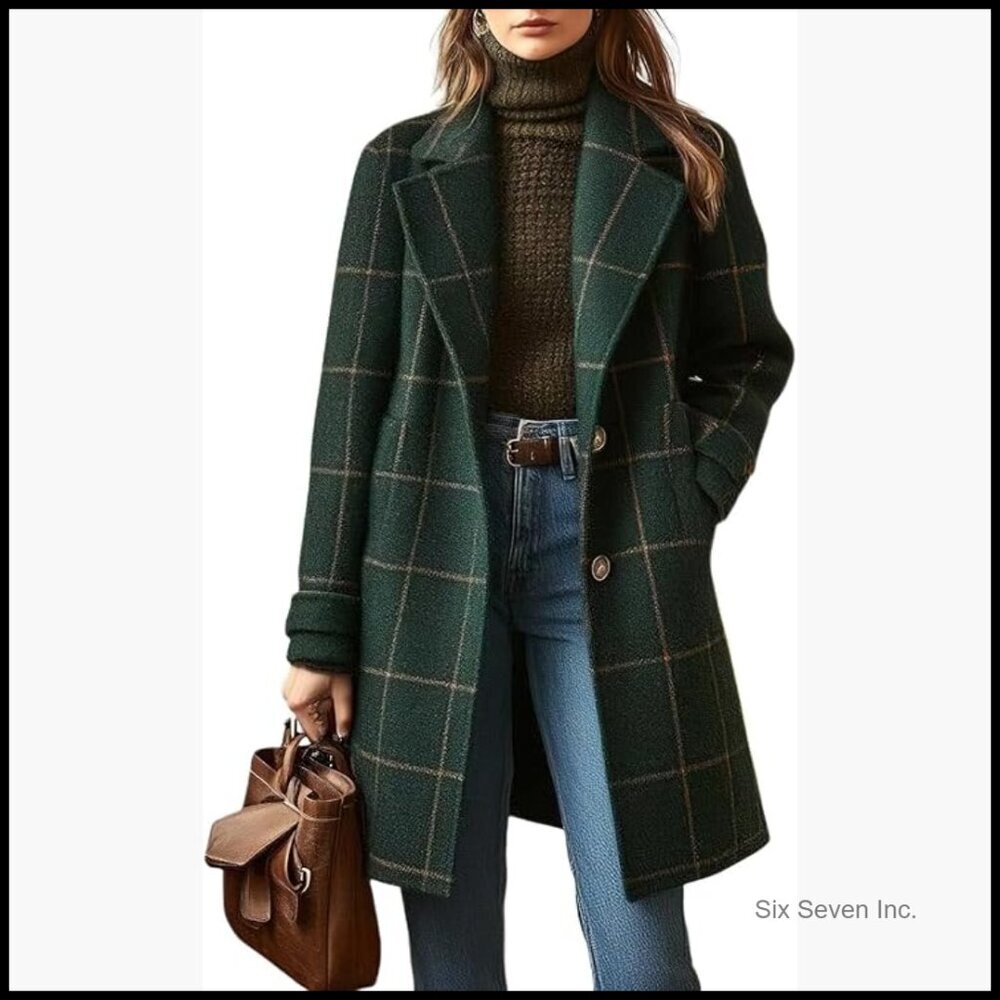 Women's Wool Trench Coat Notched Collar Plaid Button Down Overcoat